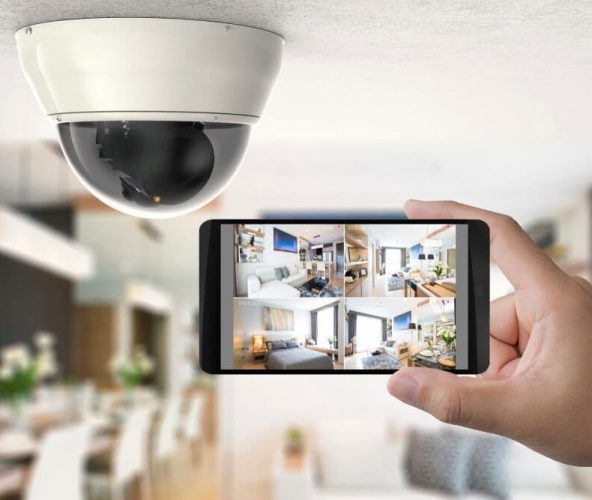 Dome CCTV and Smartphone Showing Multi-Camera Feed With Advanced Security Features — Metwide Communications in Gold Coast, QLD